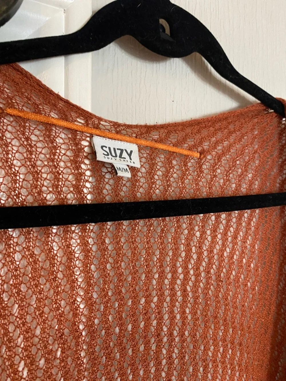 Rust Open-Knit Fringe open front Coverup - Picture 2 of 6